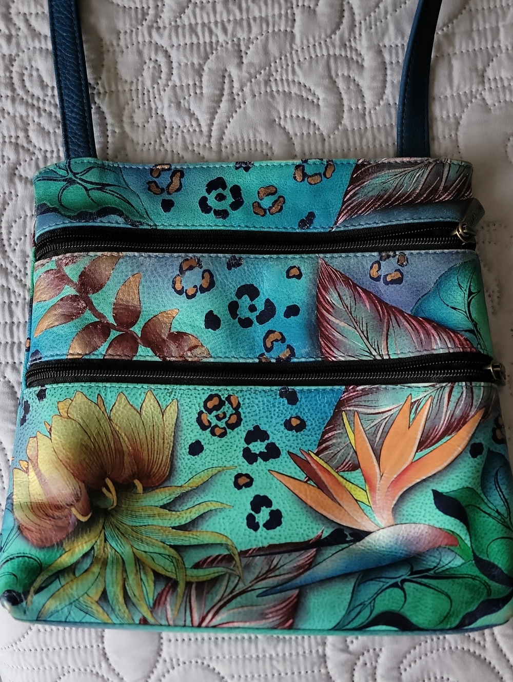 Anuschka Turquoise Floral Crossbody Bag with Dual Zip Pockets- Vibrant & Nice